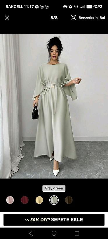 tutun siqaret: Zərif maxi don – “gray green” rəng - Model: A-kəsim, axıcı ətəkli uzun — 2