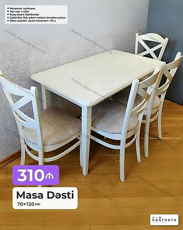 Məhsul: Masa dəsti Ölçü: 70×120 sm Mexanizm: Açılmayan Stul sayı