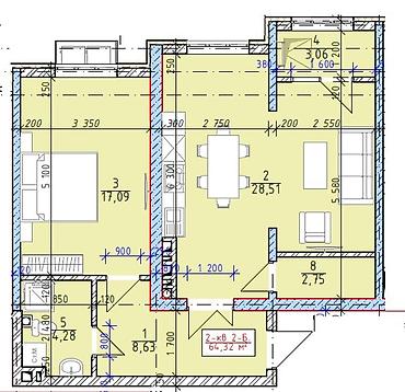 квартира ош рынак: 2 комнаты, 64 м², Элитка, 4 этаж — 5