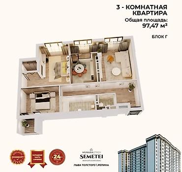 2 8: 3 комнаты, 97 м², Пишпек Элитка, 9 этаж, ПСО (под самоотделку) — 7