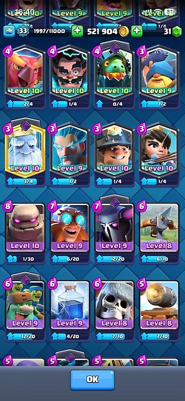 Kolleksiya kartları: Clash Royale hesabı - Kral səviyyəsi: 33 (1997/11000 XP) - Kupa: 6885 — 4