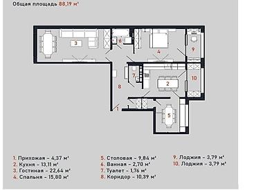 церкви: 3 комнаты, 88 м², Церковь 108 серия, 6 этаж, Дизайнерский ремонт — 8