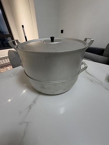 Алюминиевый мантовар/каскан с крышкой и вставками для приготовления на