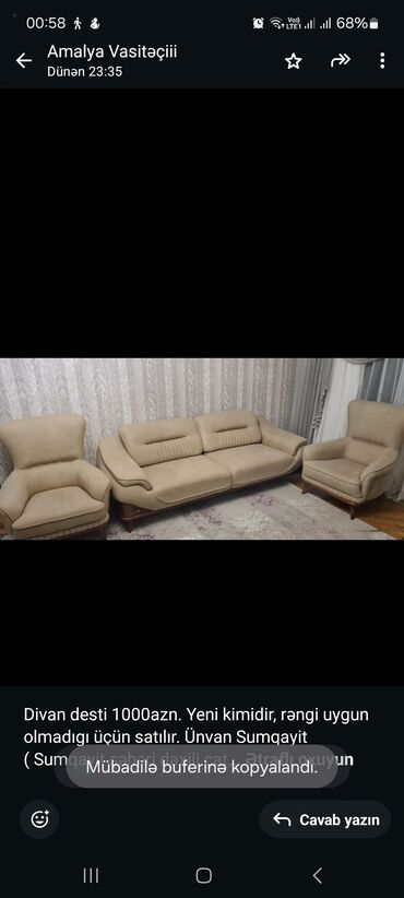 Mətbəx mebeli: İşlənmiş, Divan, 2 kreslo