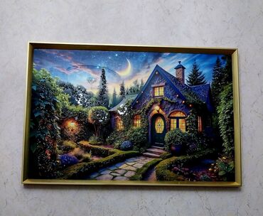 ay şəkilləri: Divarlı dekorativ tablo – “Gecə bağında kottec” mövzusunda - Çərçivə