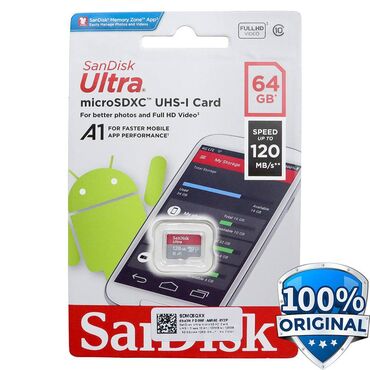 yaddaş: Yaddaş SD kartı "Sandisk 64GB 120mb/s" Tam təzə 64 gigabayt original