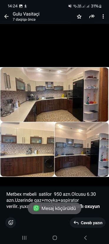 Metbex mebeli satilor 950 azn.Olcusu 6.30 azn.Uzerinde
