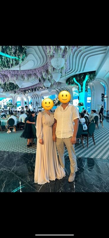 желтое платье на новый год: Вечернее платье, А-силуэт, Длинная модель, Шифон, С рукавами, Камни, L