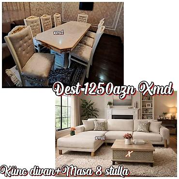 divan metbex: Künc divan + masa və 8 stul dəsti Dəstin tərkibi: - Yumşaq bej rəngli — 1