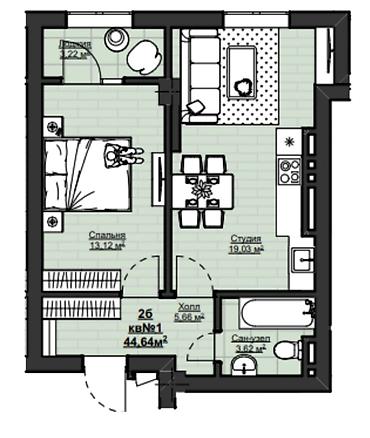 single room flat: 1 комната, 44 м², Элитка, 12 этаж, ПСО (под самоотделку) — 1