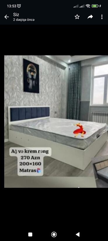 krovat satilir: Двуспальная кровать, Без подьемного механизма, Бесплатный матрас, Без выдвижных ящиков, Азербайджан, Ламинат простой