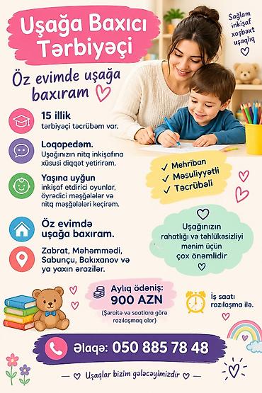 daye iş elanları sumqayıt: Uşağa Baxıcı/Tərbiyəçi — öz evimdə uşaq qəbulu - 15 illik tərbiyəçi — 1