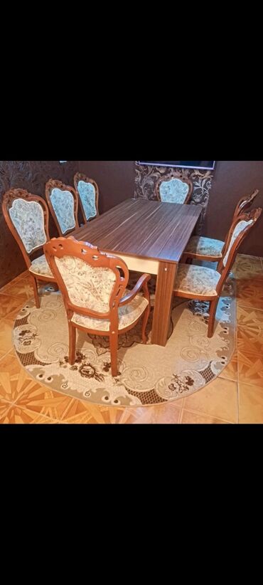 masa desti islenmis: Для гостиной, Б/у, Прямоугольный стол, 7 стульев
