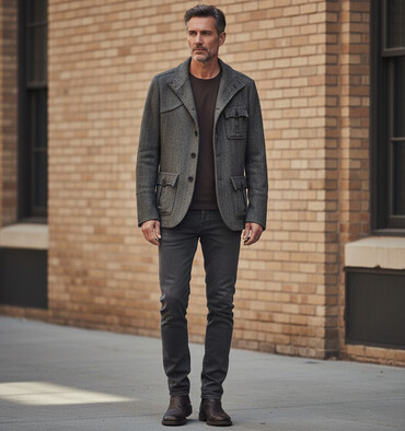 Ostale jakne: H&M muški kaputić/sako od tvida u riblja kost šari (siva/ugljen) — 1