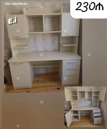 стеклянный стол офисный: Kompyuter/iş masası – üst dolablı model Qiymət: 230₼ Ölçü: 150×170×50