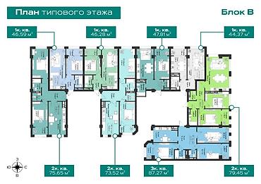восточный: 2 комнаты, 73 м², АЮ Гранд 8 этаж, ПСО (под самоотделку) — 3