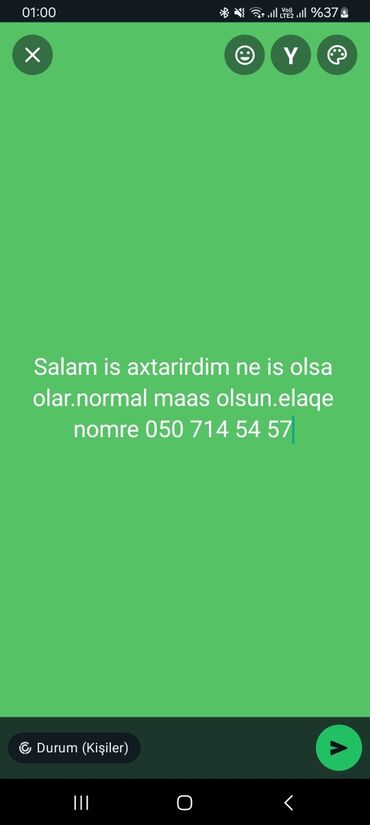 iş elanı bakı: Salam is axtarirdim normal maasli.kimin isciye ehtiyaci olsa elaqe