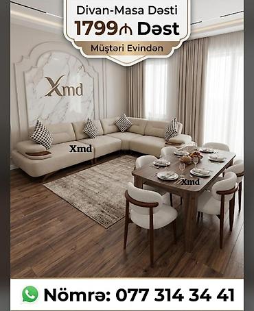 qonaq otagi desti: Divan–Masa Dəsti - Şık və minimal dizayna malik L formalı geniş künc — 1