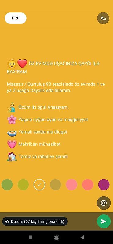 dayələr: ⏰ İş saatı uşağın ehtiyacına uyğun danışılır. 🤝 Qiymət və şərtlər — 1