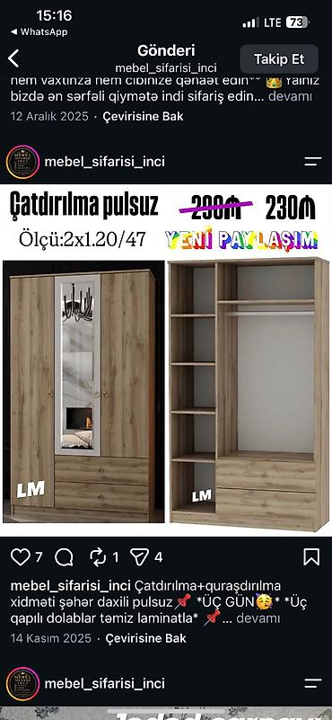 Üç qapılı geyim dolabı - Material: təmiz laminat - Rəng və tekstura lalafo.az -da Üç qapılı geyim dolabı - Material: təmiz laminat - Rəng və tekstura