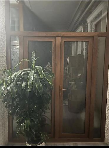 Plastik qapı-pəncərə sistemi — palıd rəngli profil və mat/naxışlı şüşə