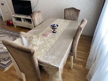 stol ev ucun: Qonaq otağı üçün, İşlənmiş, Açılmayan, Dördbucaq masa, 6 stul, Azərbaycan