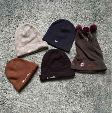 yun qadın şap şapları: Qış üçün papaq dəsti – 5 ədəd - Nike trikotaj papaq, boz rəng