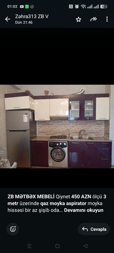 Quruducular: *ZB* *MƏTBƏX MEBELİ* Qiynet *450 AZN* ölçü *3 metr* üzerinde *qaz