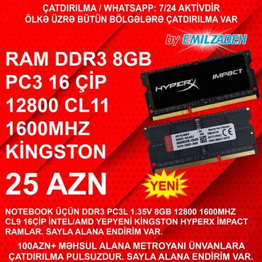 Elvin Emilzadə: Operativ yaddaş (RAM) HyperX, 8 GB, 1600 Mhz, DDR3, Noutbuk üçün, Yeni