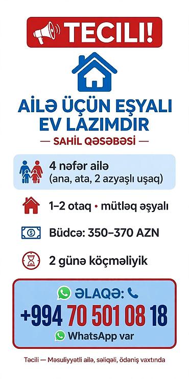 kira: Ailə üçün əşyalı kirayə ev axtarılır — Sahil qəsəbəsi - 4 nəfərlik — 1