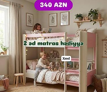 uşaq otaqı: Uşaq iki mərtəbəli çarpayı – pastel çəhrayı və ağ rəngdə, taxta — 1