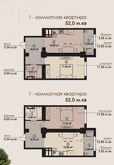 kant flat: 1 комната, 52 м², Кызыл Аскер Элитка, 2 этаж, ПСО (под самоотделку) — 1