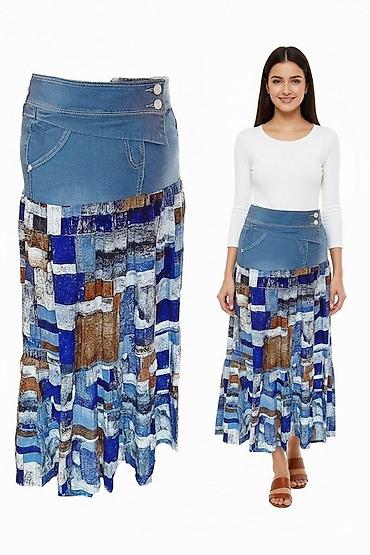 Юбка - макси в стиле Boho-chic: Джинсовый комфорт и летящий принт ✨