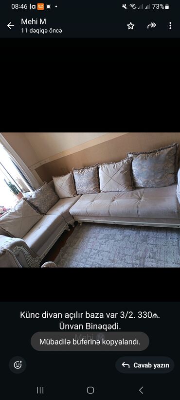 mətbəx üçün künc divanları: Künc divan açılır baza var 3/2. 330₼.
Ünvan Binəqədi.
Mehi Ⓜ️