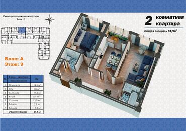 квартира 2 к: 2 комнаты, 61 м², Элитка, 9 этаж