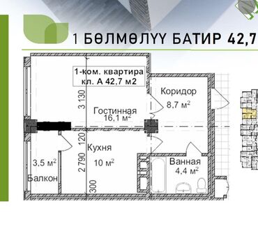 квартиры в ош базаре: 1 комната, 42 м², Элитка, 12 этаж, ПСО (под самоотделку)