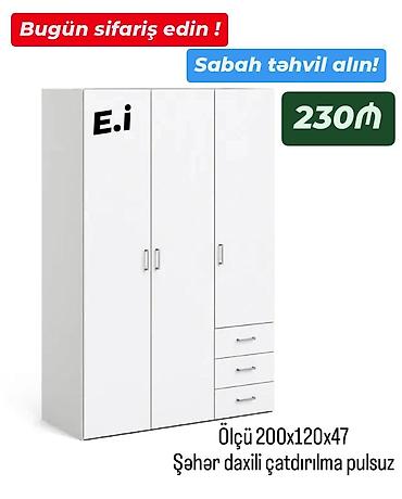 sirmə: Ağ rəngli 3 qapılı dolab – 1 qapı şkaf bölməsi və 3 çekmece ilə. - — 1