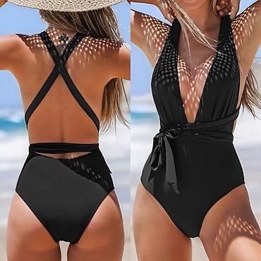 couture haljine: Jednodelni crni kupaći kostim sa dubokim V dekolteom i dugim trakama — 4