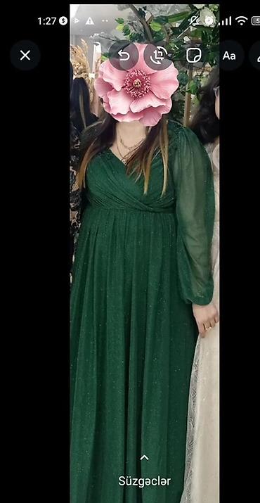 alt geyim: Tünd yaşıl, zərif parıltılı ziyafət/libas - Model: Uzun, axıcı ətəkli — 1