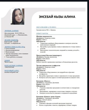 заработок в интернете без вложений: Резюме Алины Энсебай Кызы, родившейся 4 октября 1998 года, проживающей