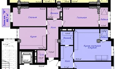Продажа квартир: 2 комнаты, 69 м², Элитка, 6 этаж, ПСО (под самоотделку)