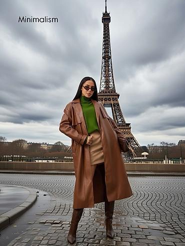 Плащи: Длинный женский тренч из гладкой эко‑кожи в тёплом — 4