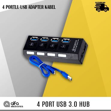 Noutbuklar üçün adapterlər: 4 Portlu USB Adapter Kabel Xüsusiyyətlər: Rəng: Qara Material: ABS