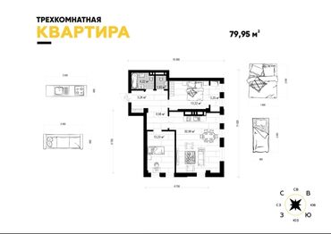 трёхкомнатная квартира: 3 комнаты, 80 м², Элитка, 8 этаж, ПСО (под самоотделку)