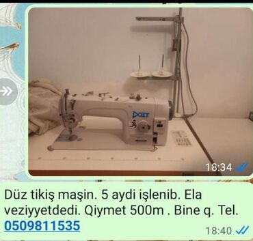 Tavan: Sənaye tipli düz tikiş maşını – Doit markası. - Masa və iki sap