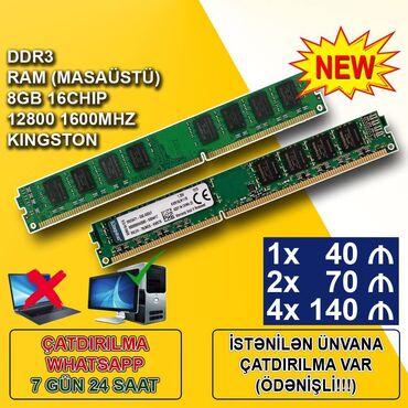 nokia 1600: Operativ yaddaş (RAM) Kingston, 8 GB, 1600 Mhz, DDR3, PC üçün, Yeni