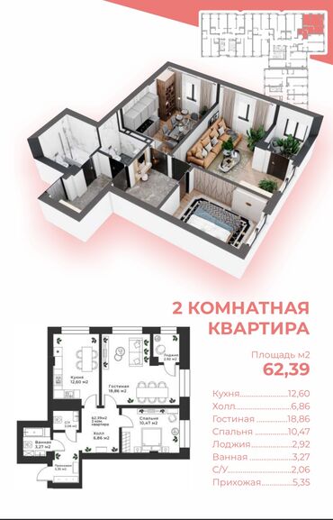 срочно продаётся 1 комнатная квартира в районе ошского рынка по улице кенсуйская 17: 2 комнаты, 63 м², Элитка, 3 этаж, ПСО (под самоотделку)