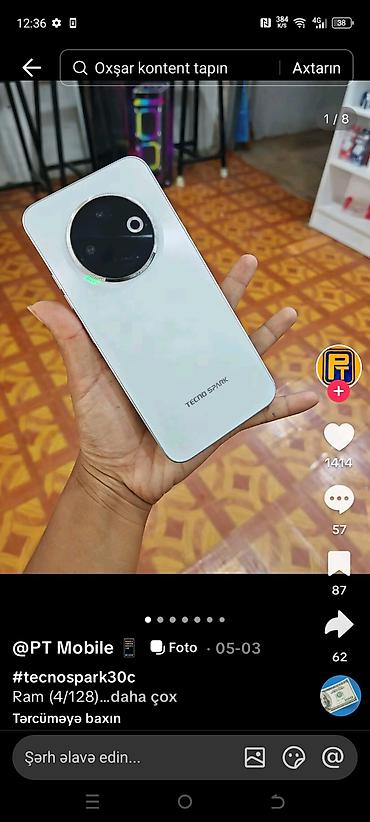 tecno camon 30 premier: Tecno Spark 30C, 128 GB, rəng - Ağ — 1