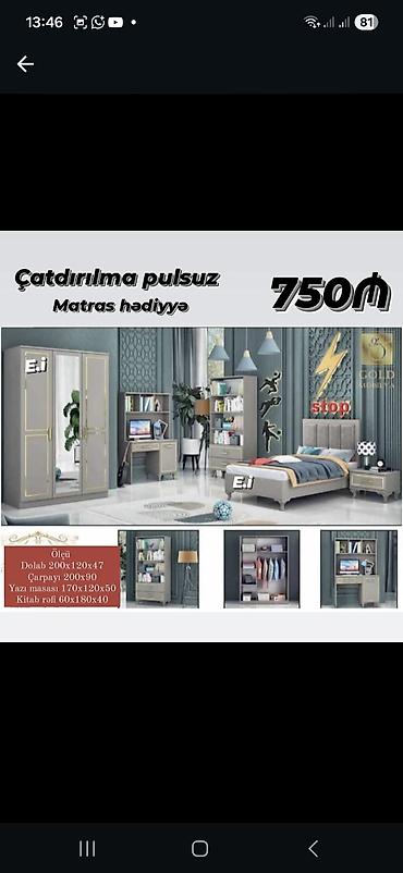 qız ucun carpayı: Uşaq/gənc otağı mebel dəsti Tərkibi: - Dolab: 3 qapılı, asılqan və — 1
