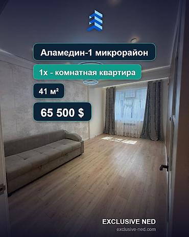 Продажа квартир: 1 комната, 41 м², Аламедин-1 мкр Элитка, 2 этаж, Евроремонт — 1